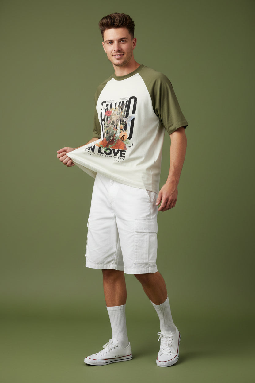 Falling Love Olive Green Off White Oversized Raglan T-shirt