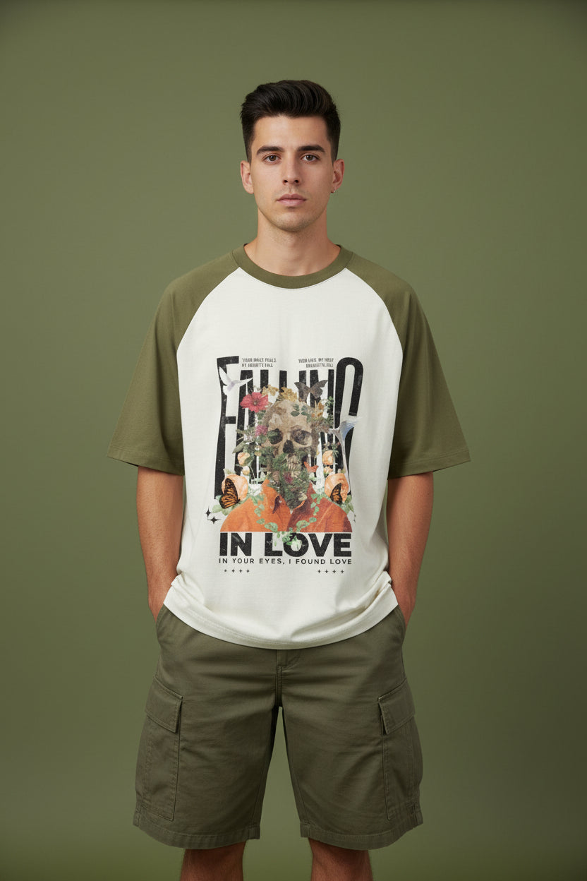 Falling Love Olive Green Off White Oversized Raglan T-shirt