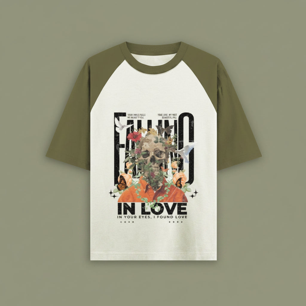 Falling Love Olive Green Off White Oversized Raglan T-shirt