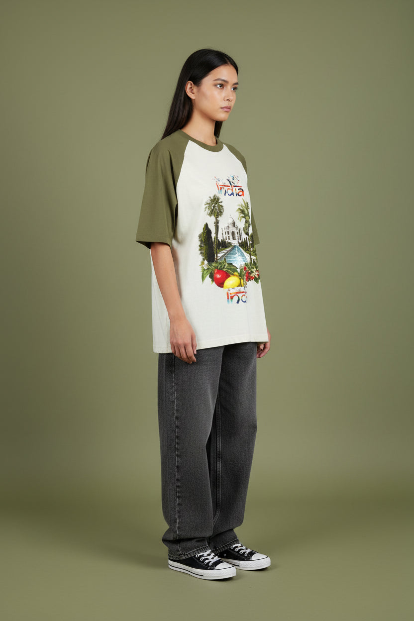 India Olive Green Off White Oversized Raglan T-shirt