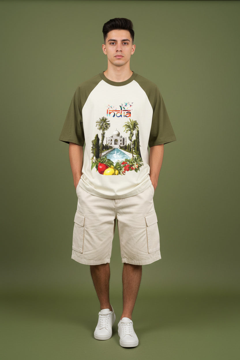 India Olive Green Off White Oversized Raglan T-shirt
