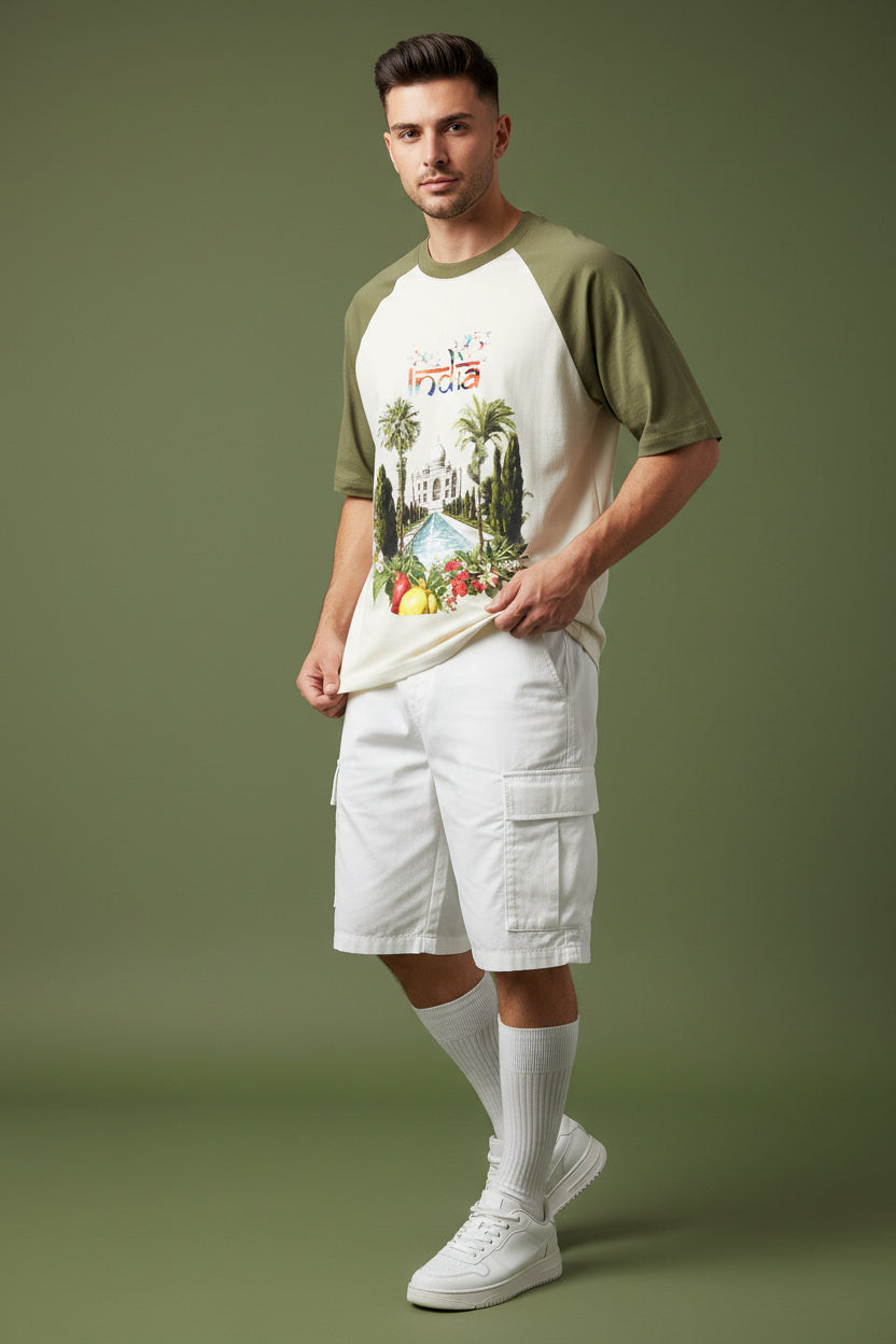 India Olive Green Off White Oversized Raglan T-shirt