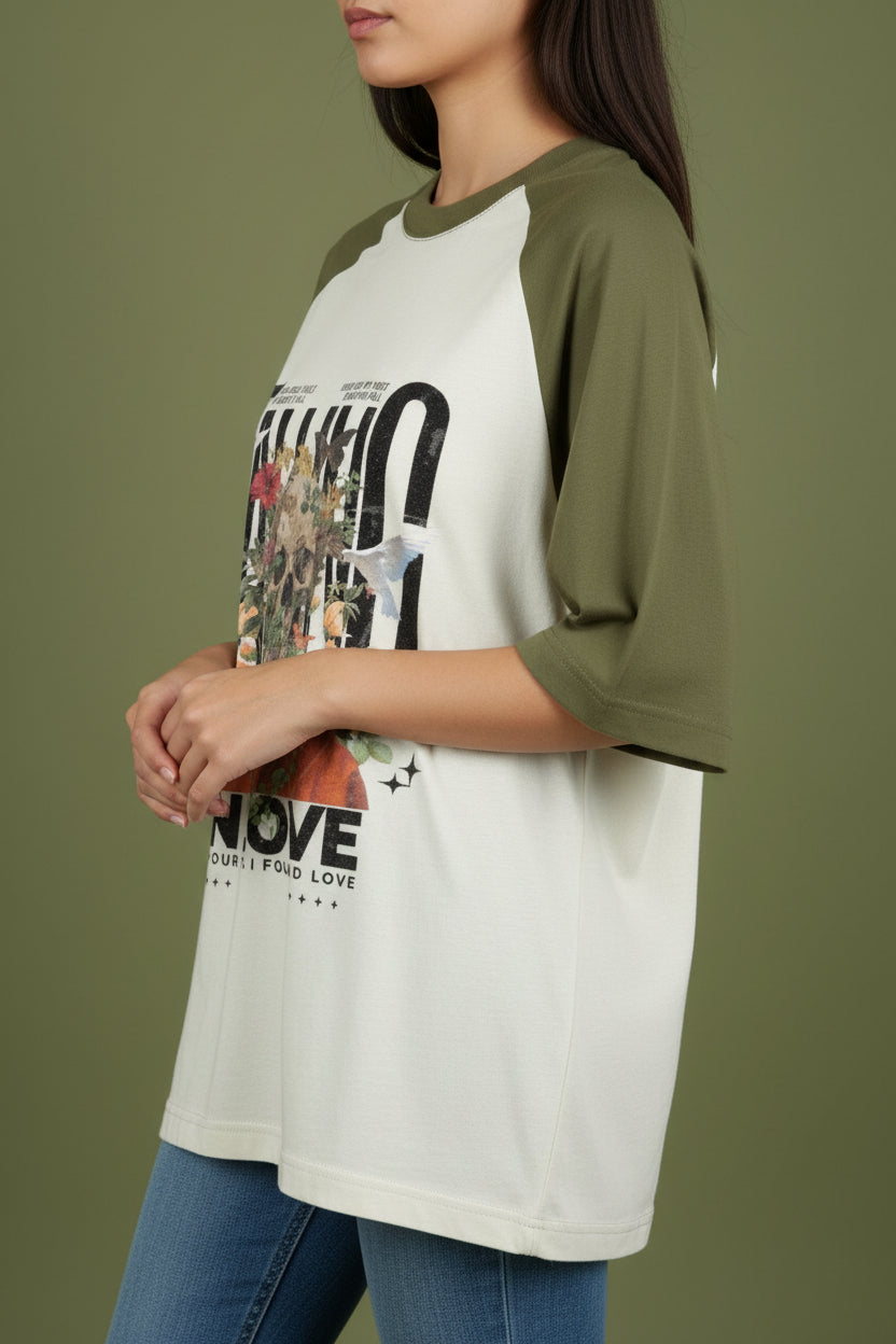 Falling Love Olive Green Off White Oversized Raglan T-shirt