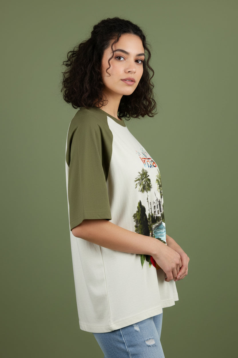 India Olive Green Off White Oversized Raglan T-shirt