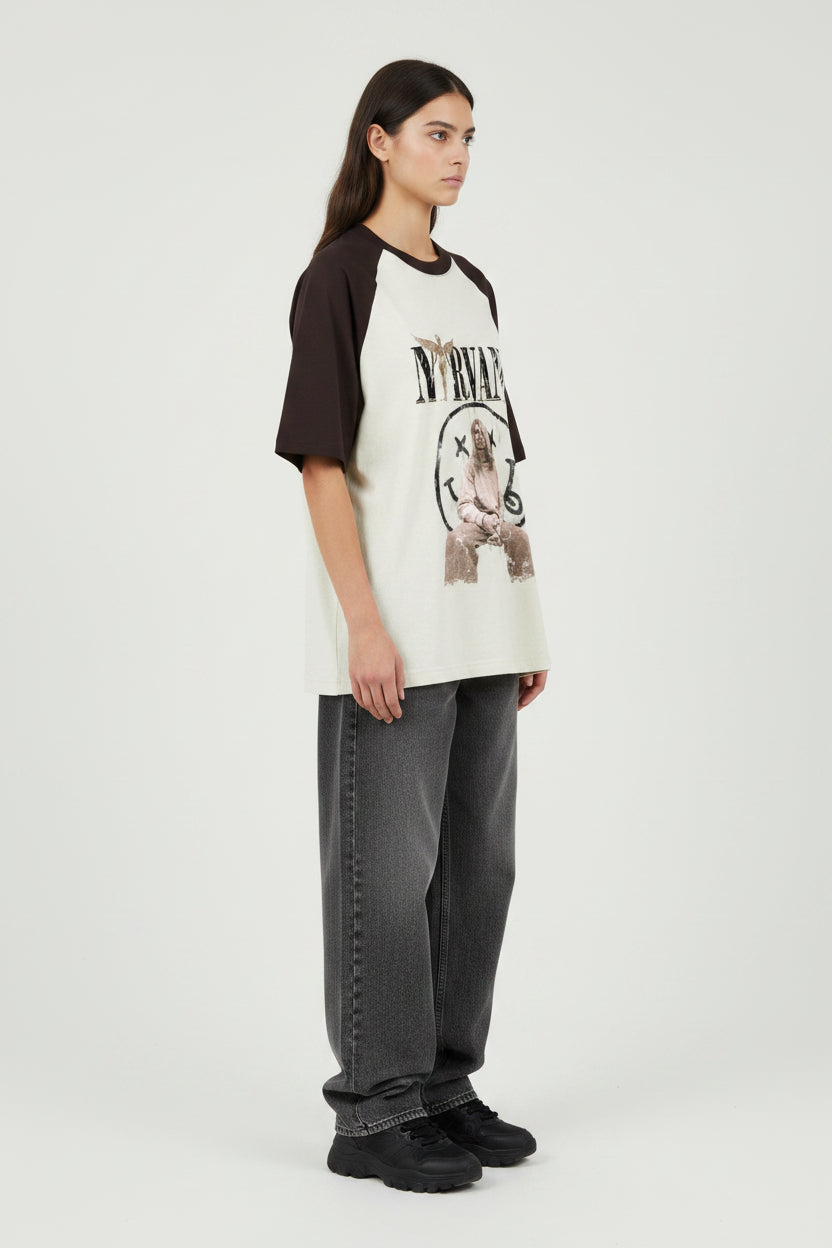 Nirvana Coffee Brown Off White Oversized Raglan T-shirt