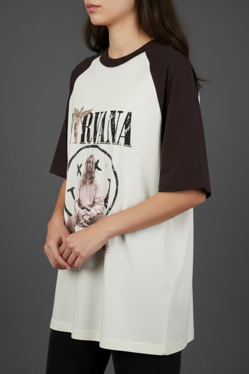 Nirvana Coffee Brown Off White Oversized Raglan T-shirt