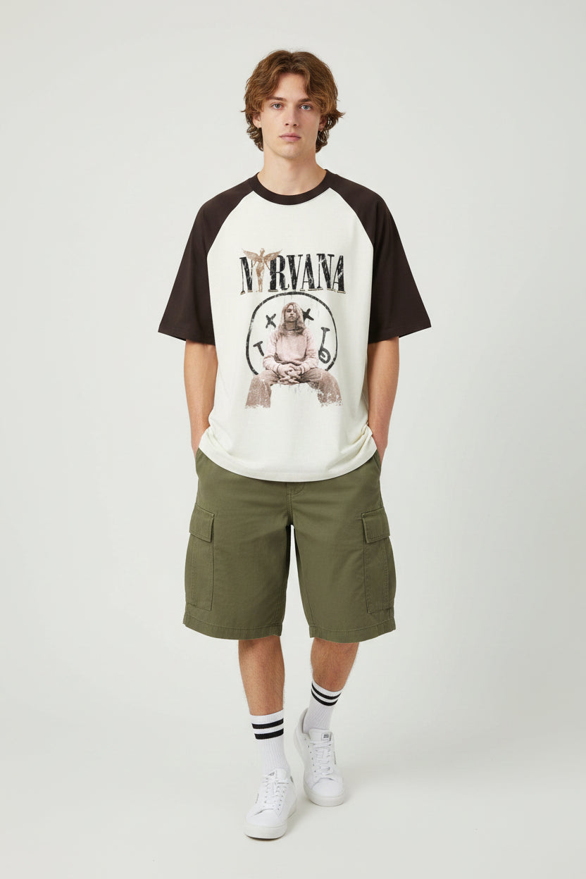 Nirvana Coffee Brown Off White Oversized Raglan T-shirt