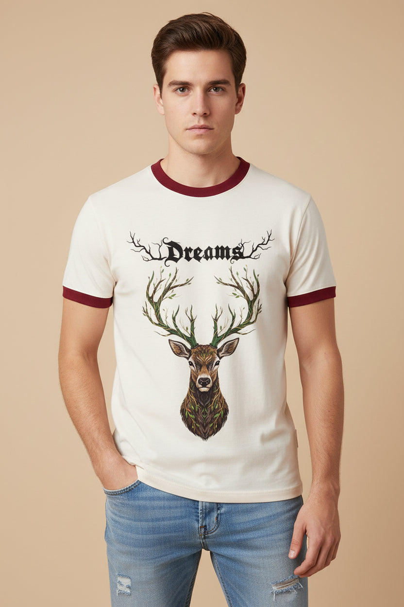 Off White & Maroon Ringer tee Front Design