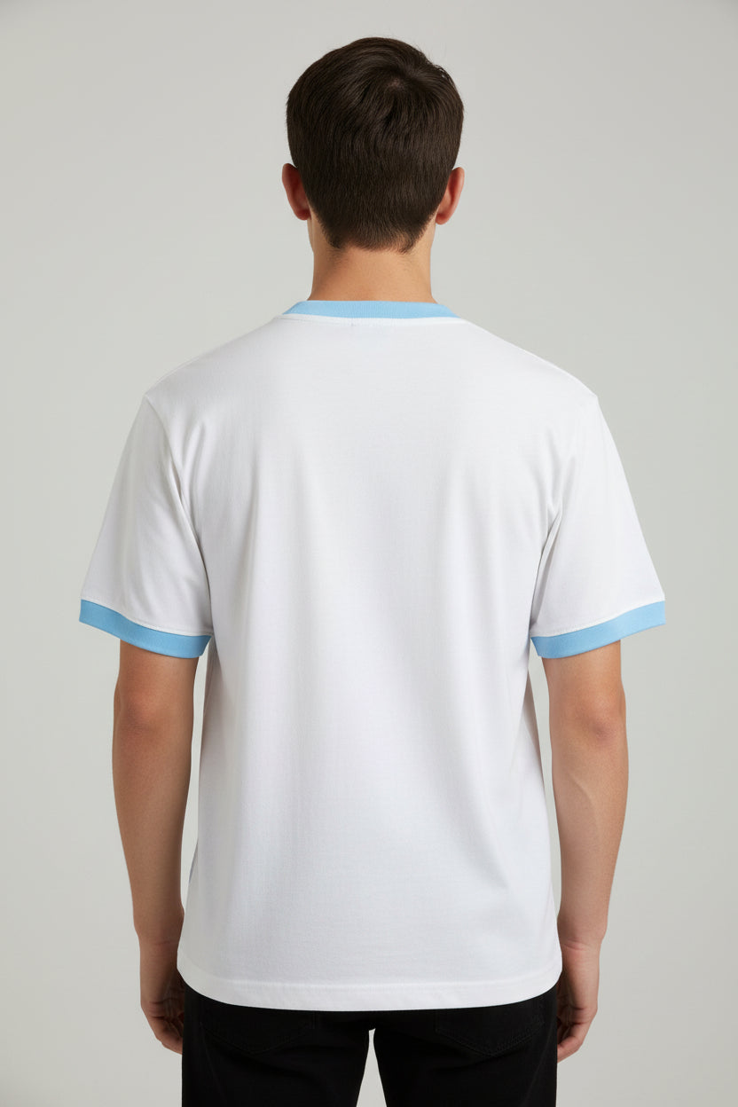 White & Sky Blue Ringer tee Back Design