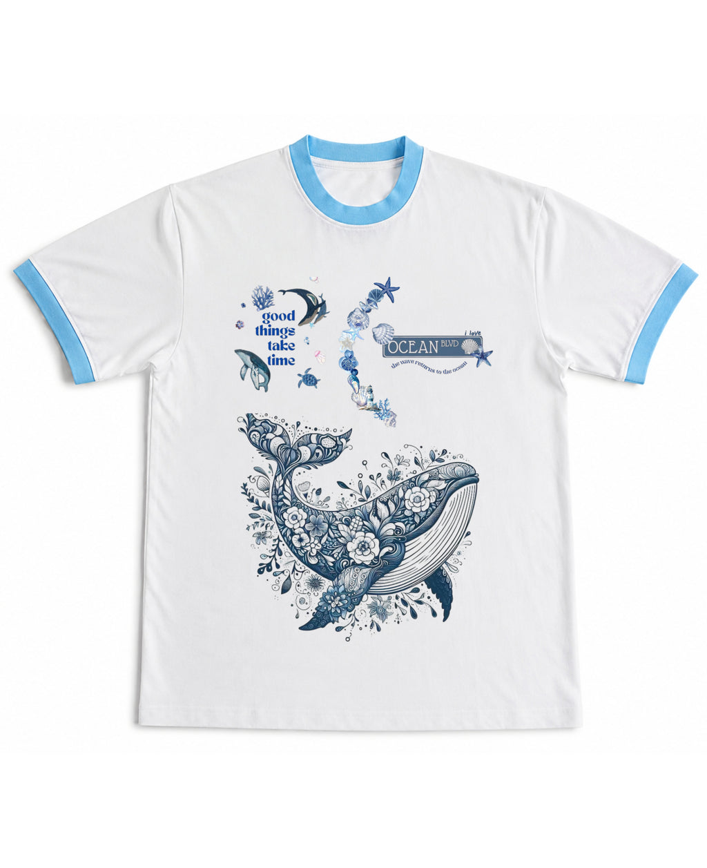 White & Sky Blue Ringer tee Front Design
