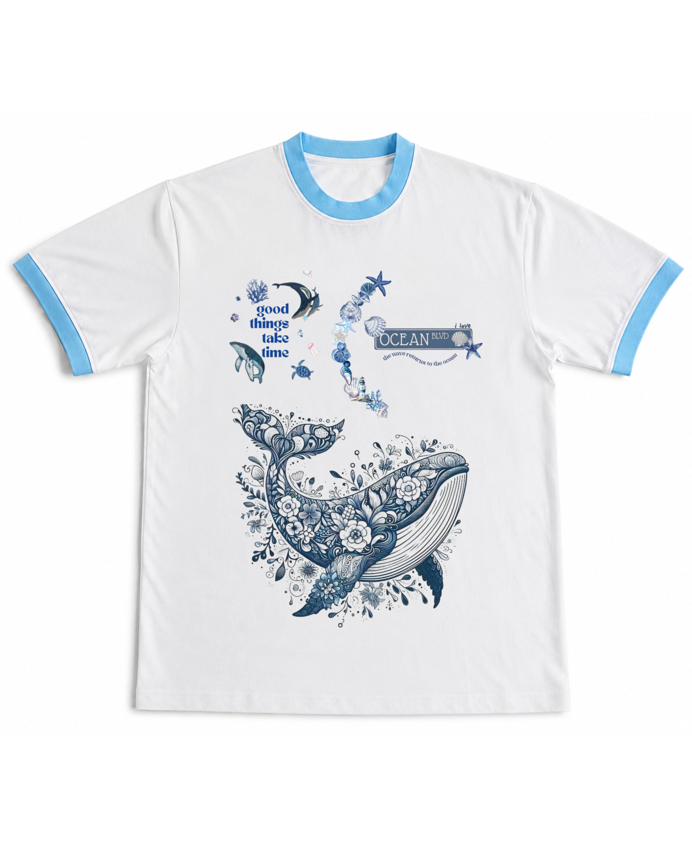 White & Sky Blue Ringer tee Front Design