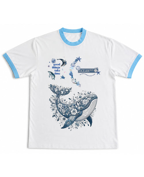 White & Sky Blue Ringer tee Front Design