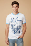 White & Sky Blue Ringer tee Front Design