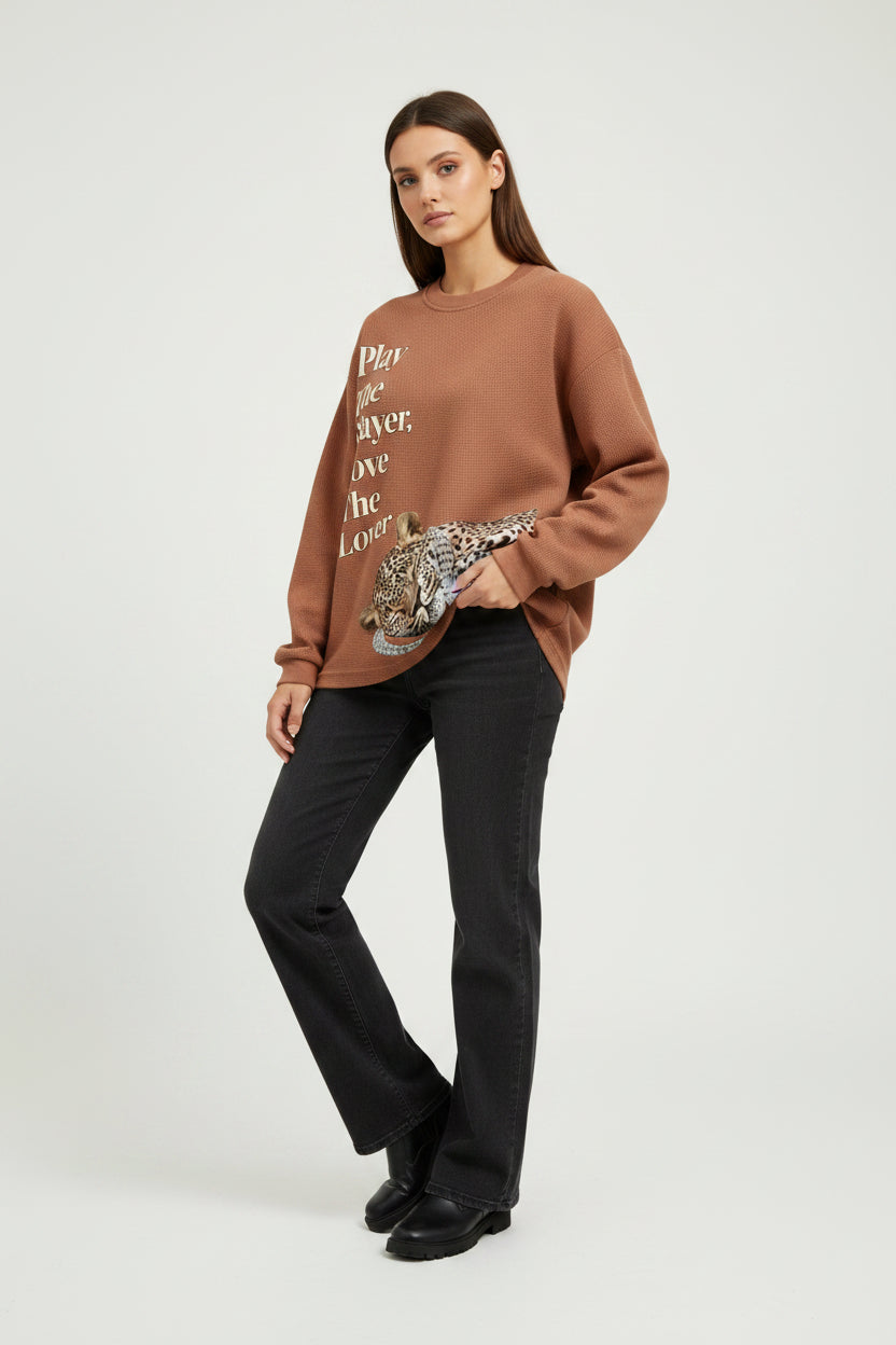 Brown waffle knit oversized full-sleeve Front Design