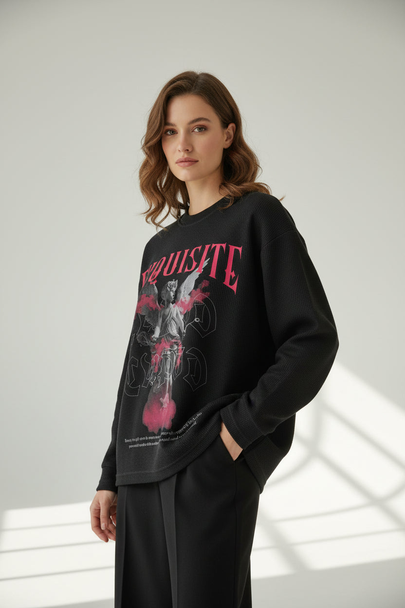 Black waffle knit oversized full-sleeve Front Design