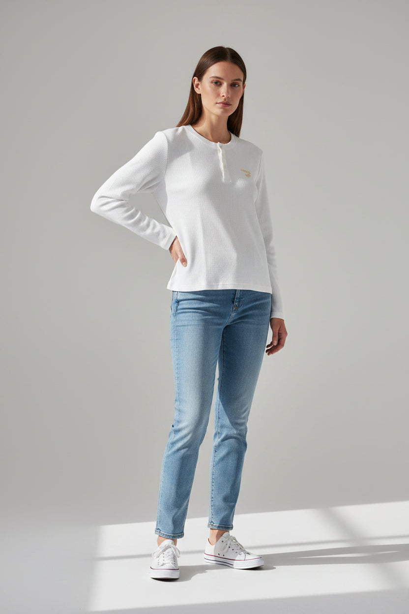 White Henley waffle knit Front Design