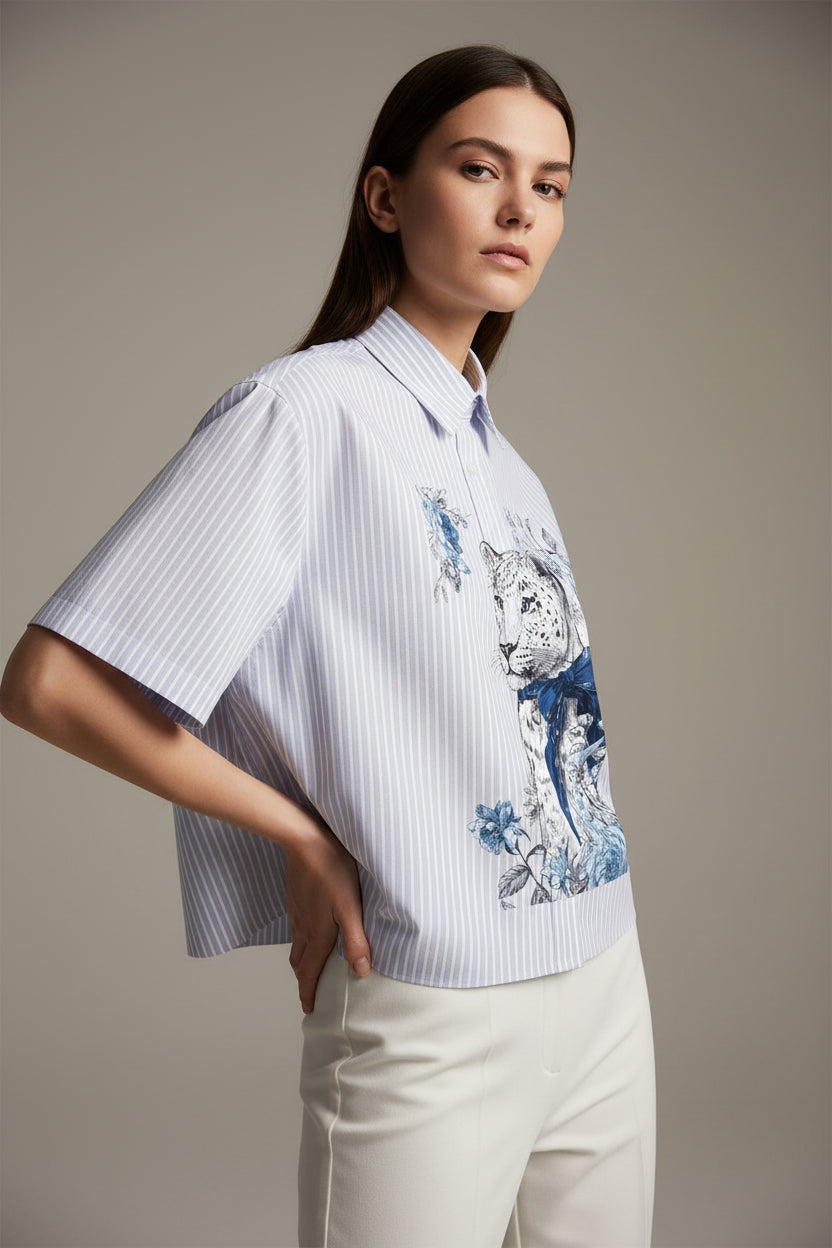 Blue Striped Oxford Boxy Shirt Front Design