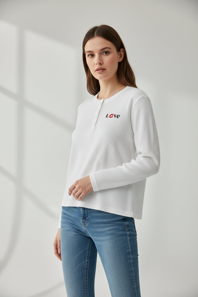 White Henley waffle knit Front Design