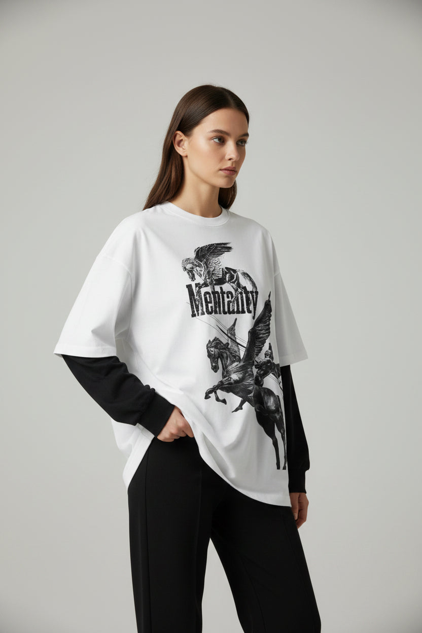 White With Black Sleeve Oversized Tee Front Design