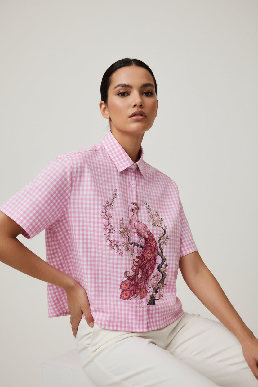 Pink Gingham Oxford Boxy Shirt Front Design