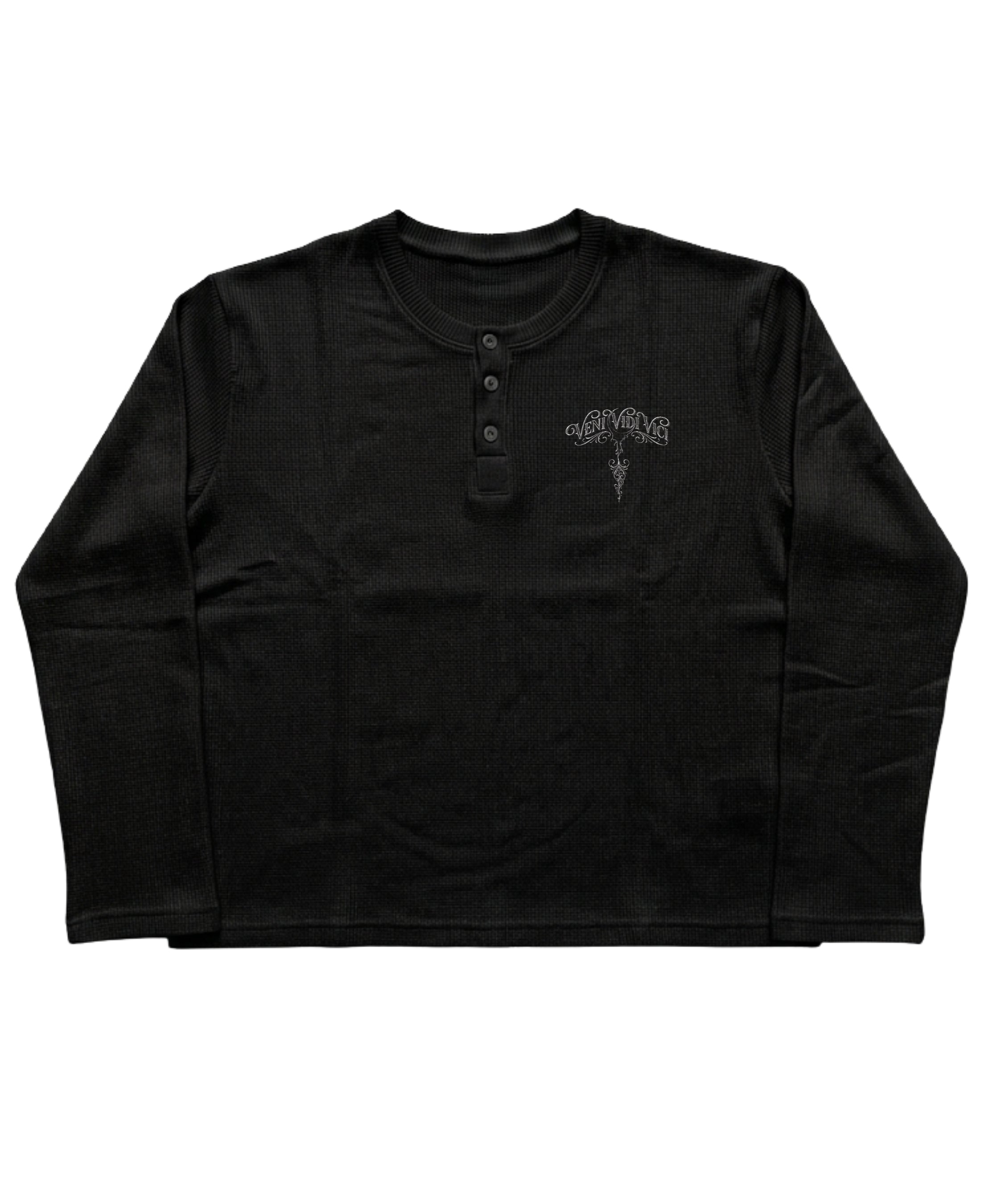 Black Henley waffle knit Front Design