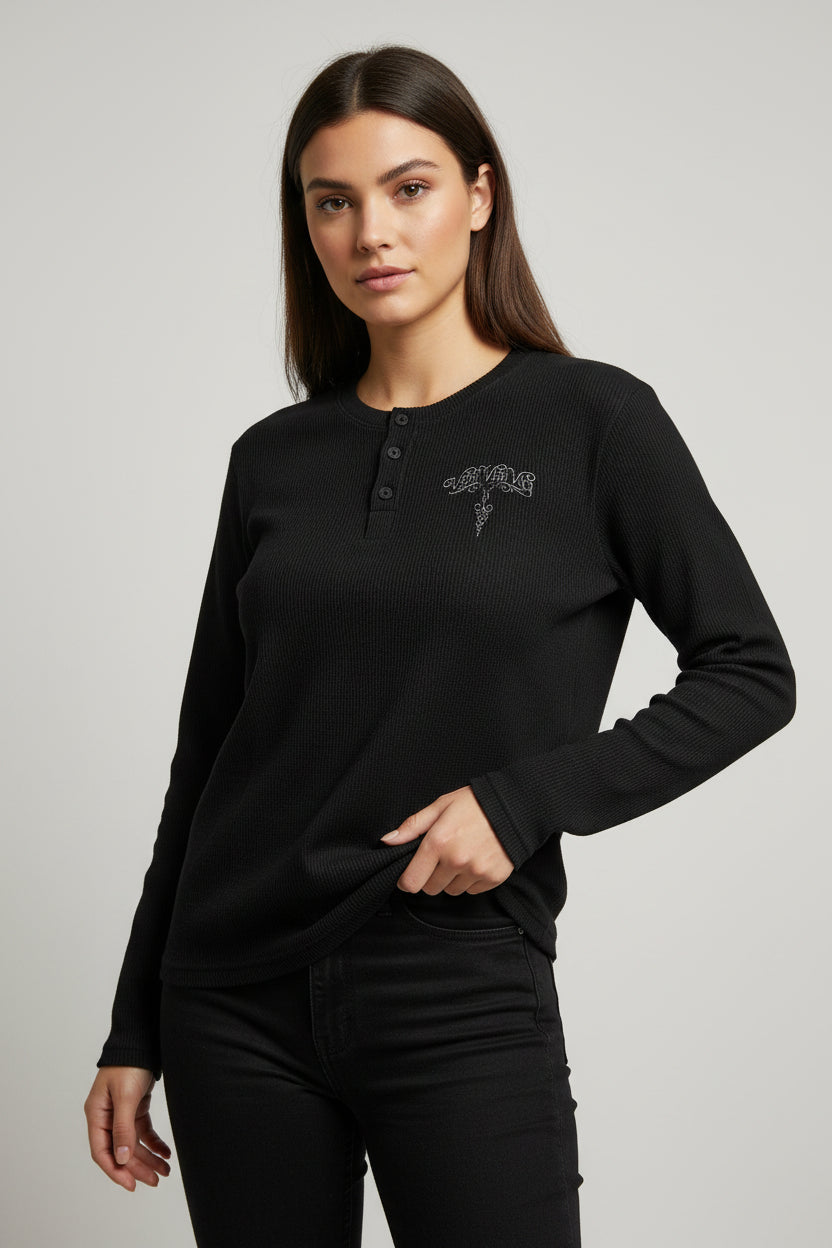 Black Henley waffle knit Front Design
