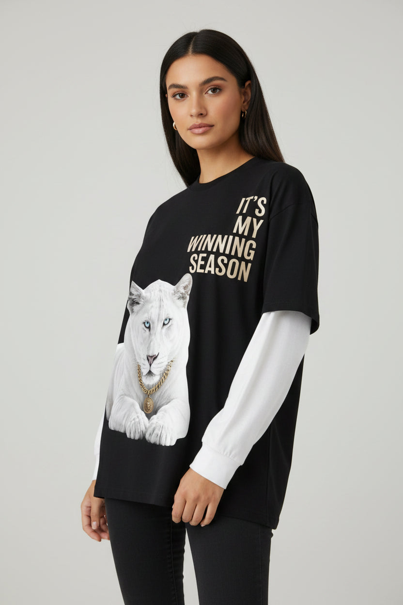 Black With White Sleeve Oversized Tee Front Design