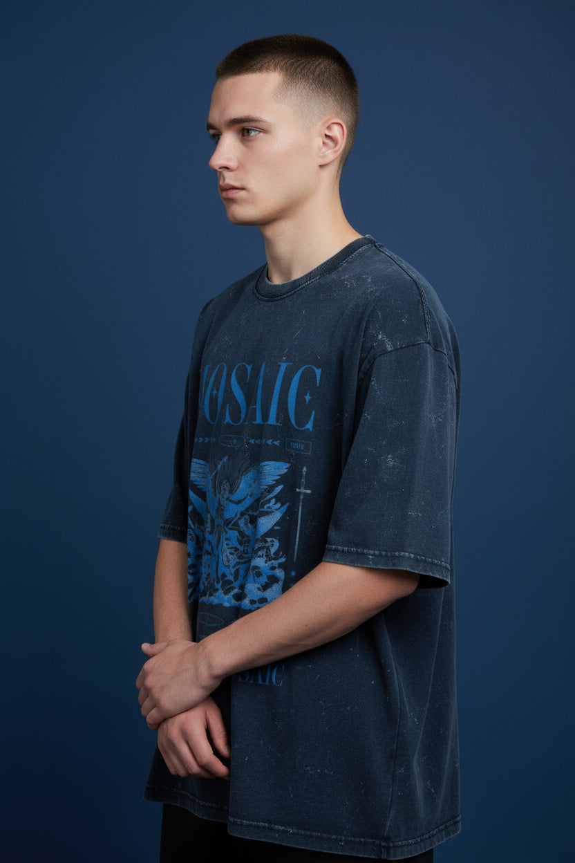 ZotRage oversized heavyweight cotton t-shirt in dark blue with a unique acid-washed finish and graphic print
