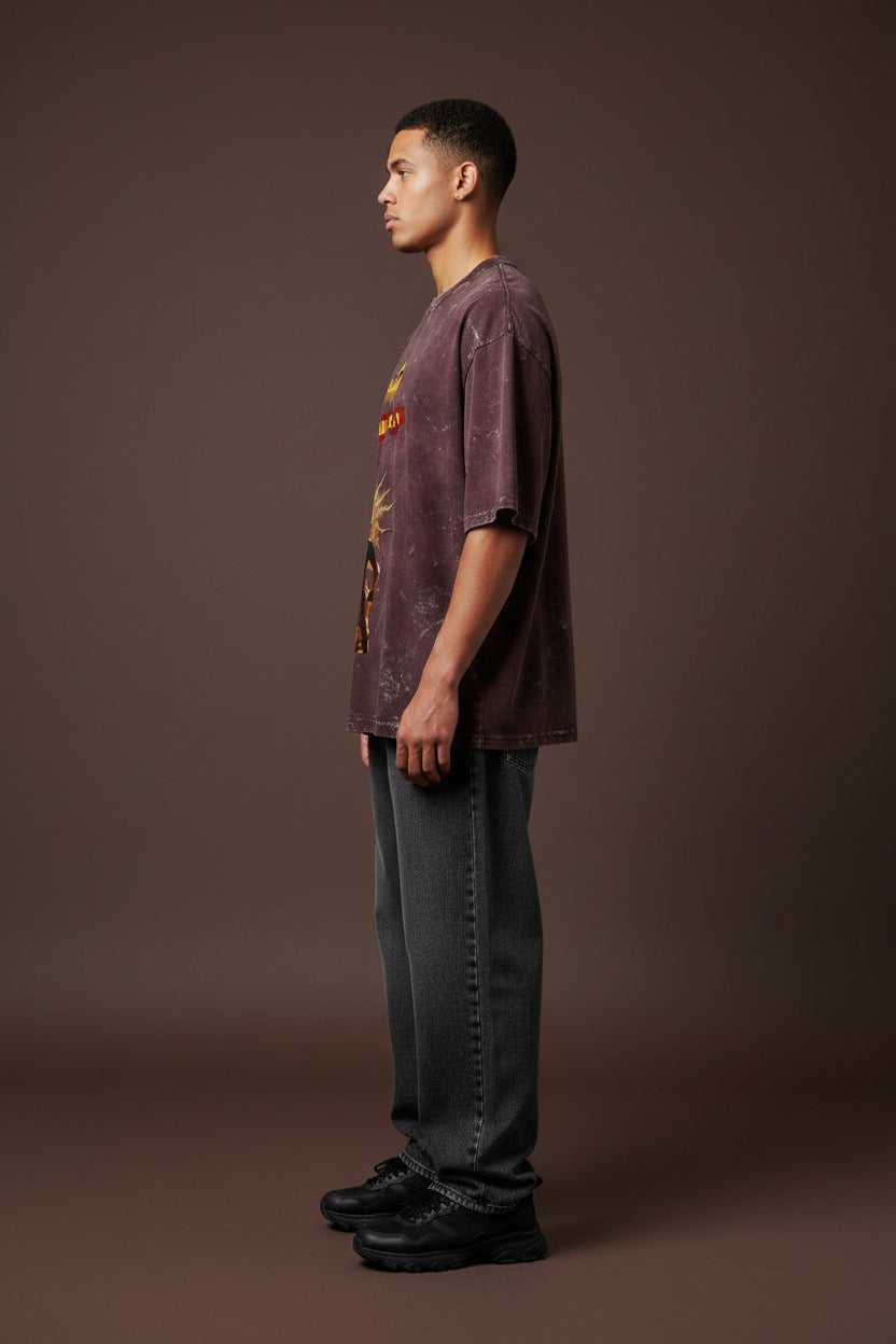 ZotRage oversized heavyweight cotton t-shirt in dark acid-washed brown with God Plan graphic print