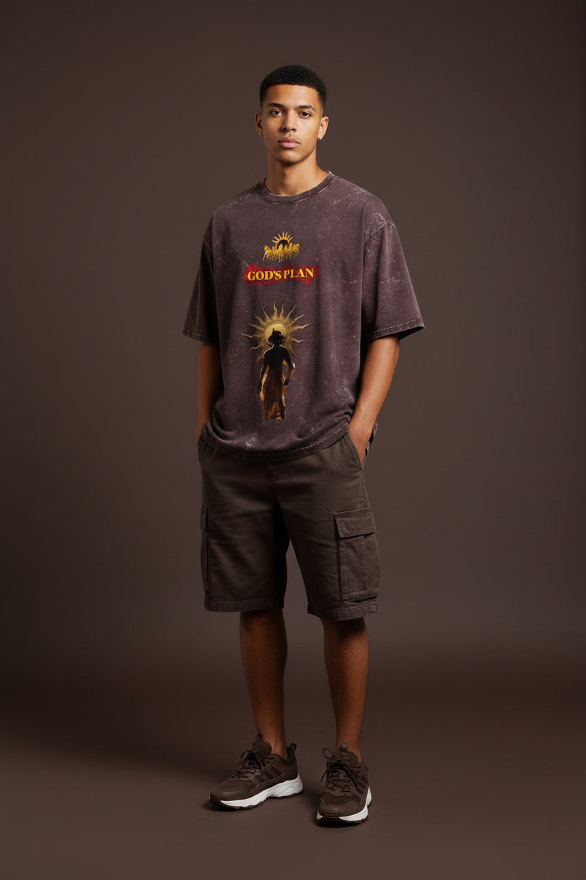 ZotRage oversized heavyweight cotton t-shirt in dark acid-washed brown with God's Plan graphic print