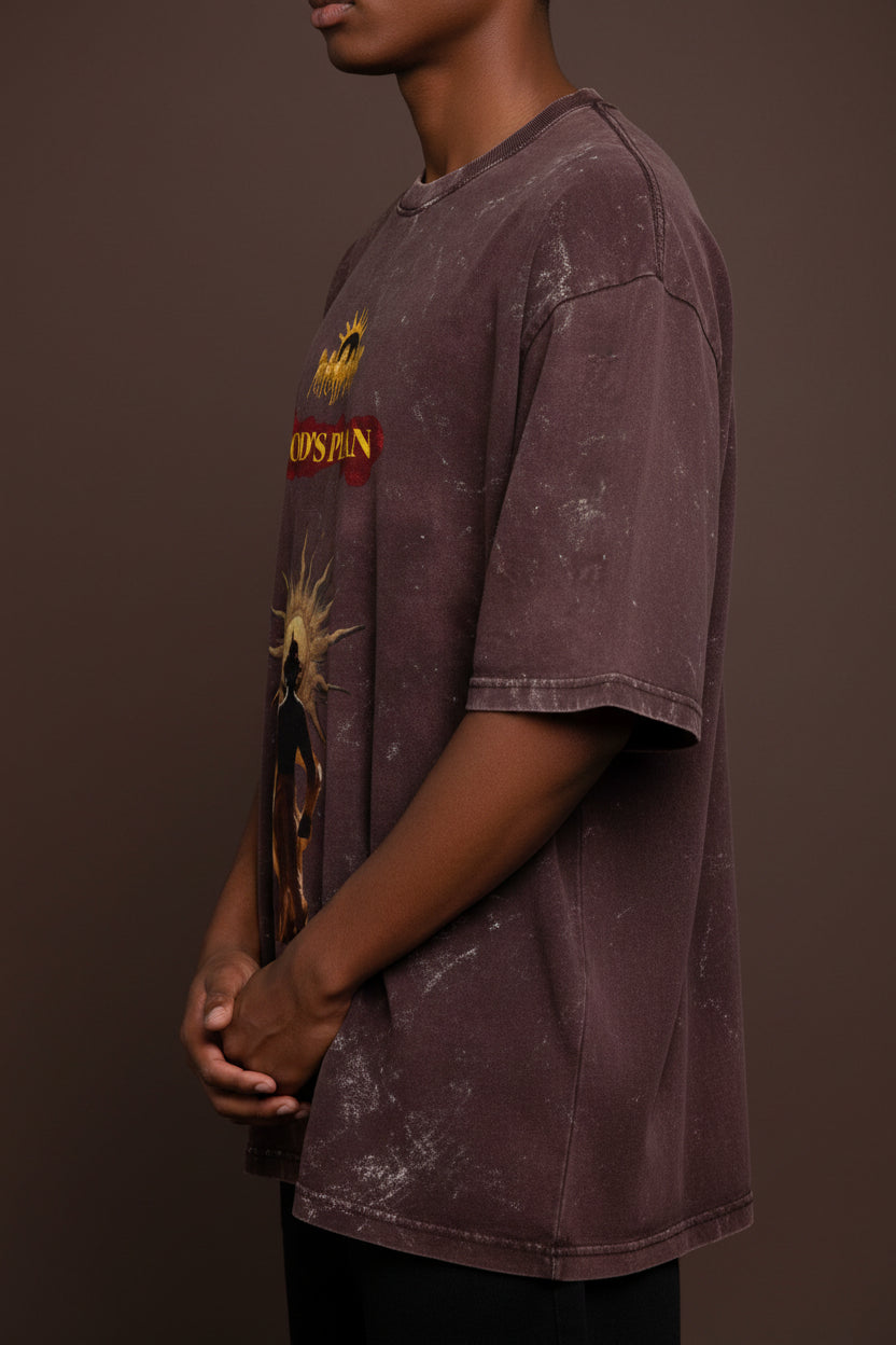 ZotRage oversized heavyweight cotton t-shirt in dark brown acid wash with God's Plan graphic print