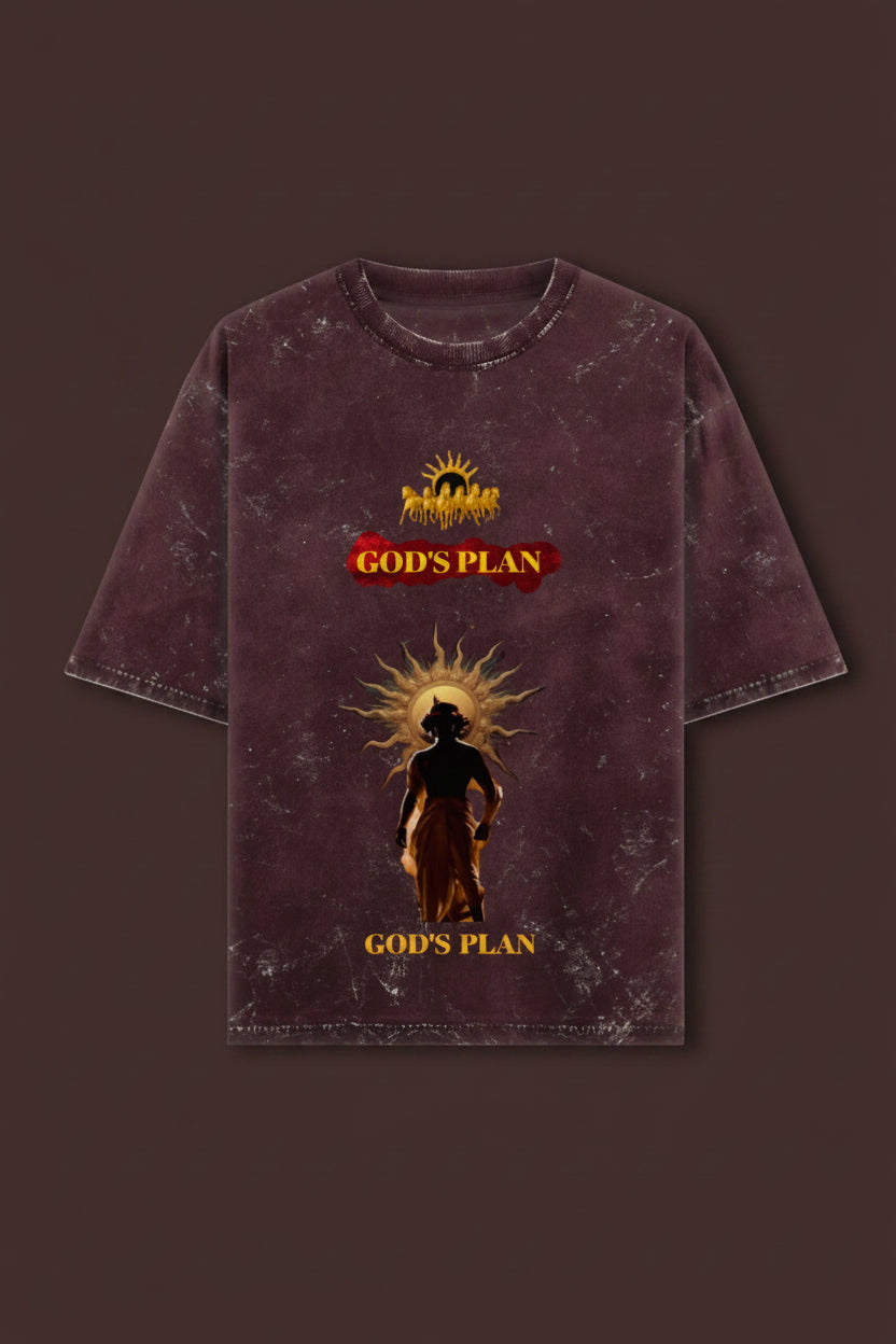 ZotRage oversized heavyweight cotton t-shirt in dark brown acid wash with God's Plan graphic print