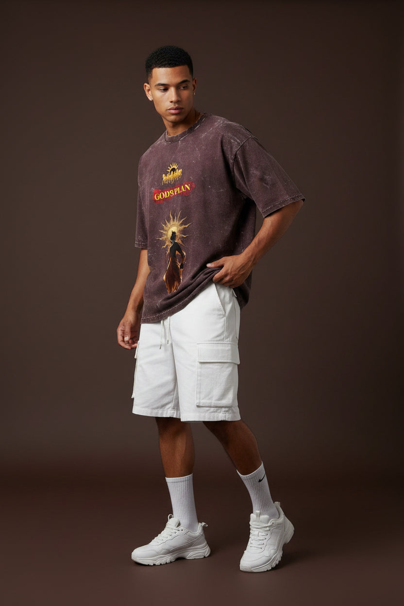 ZotRage oversized heavyweight cotton t-shirt in dark acid-washed brown with God Plan graphic print