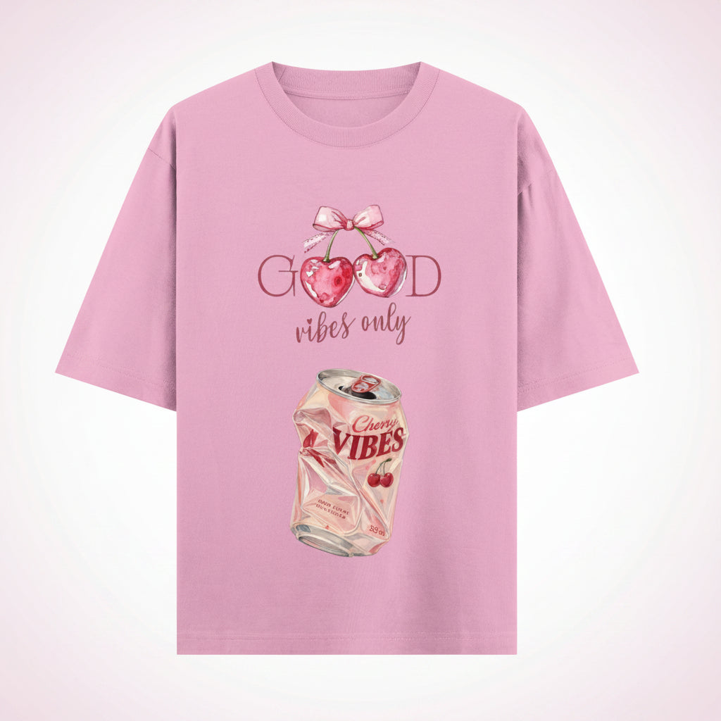 ZotRage baby pink oversized t-shirt featuring a cherry soda can graphic and Good Vibes Only text print.