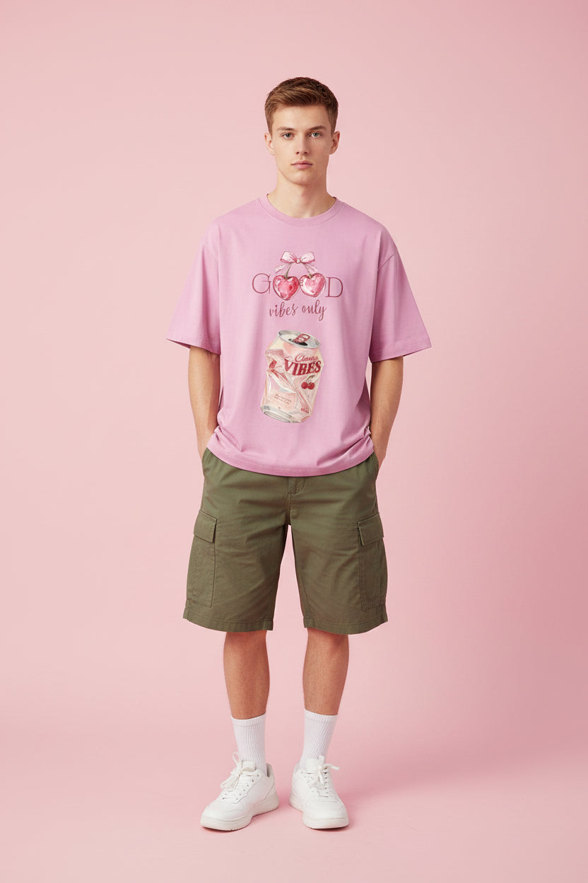 ZotRage baby pink oversized t-shirt featuring a cherry soda can graphic and Good Vibes Only text print.