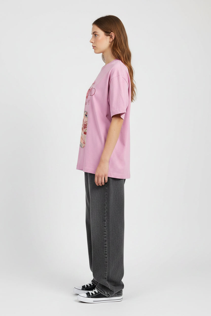 ZotRage baby pink oversized t-shirt featuring a cherry soda can graphic and Good Vibes Only text print
