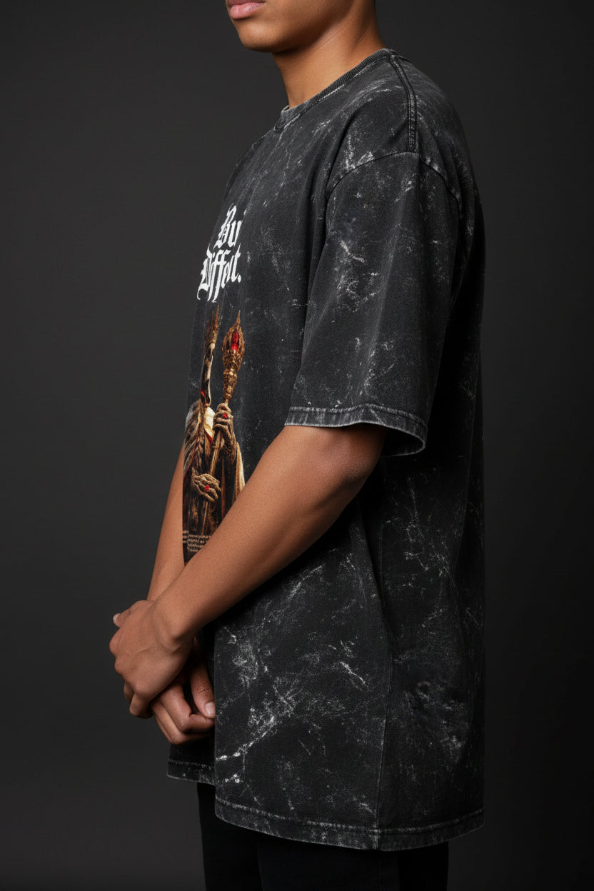 ZotRage black acid-washed heavyweight cotton oversized t-shirt with a graphic of a skeleton king and text.