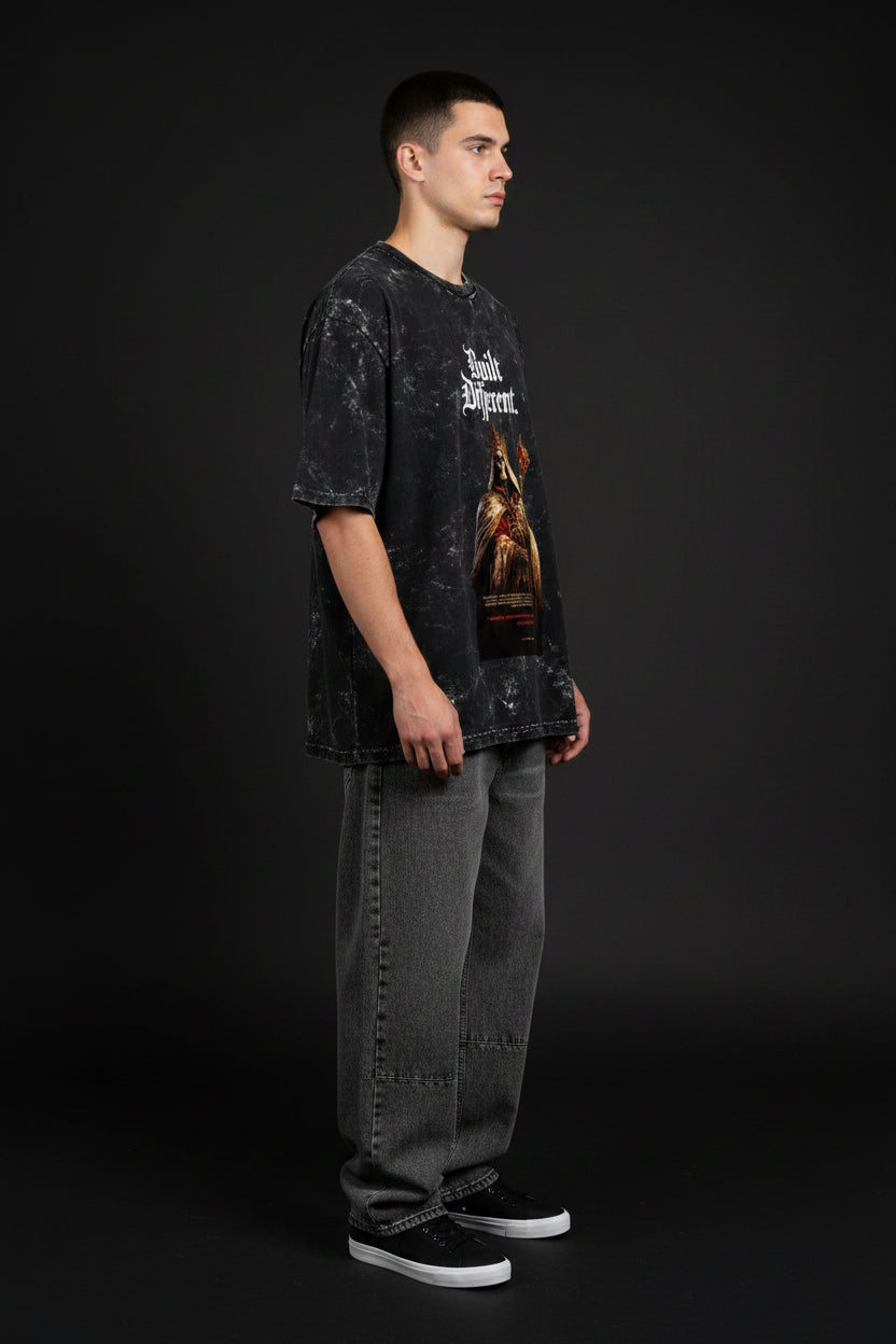 ZotRage black acid-washed heavyweight cotton oversized t-shirt featuring a graphic of a skeleton king with a scepter.
