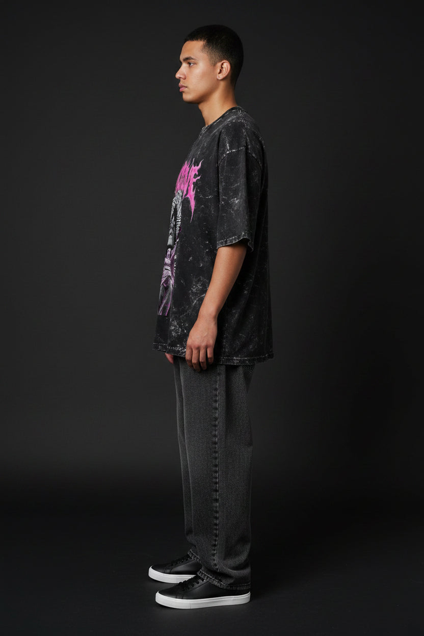 ZotRage black acid-washed oversized cotton t-shirt with pink and white graphic print of a statue and text