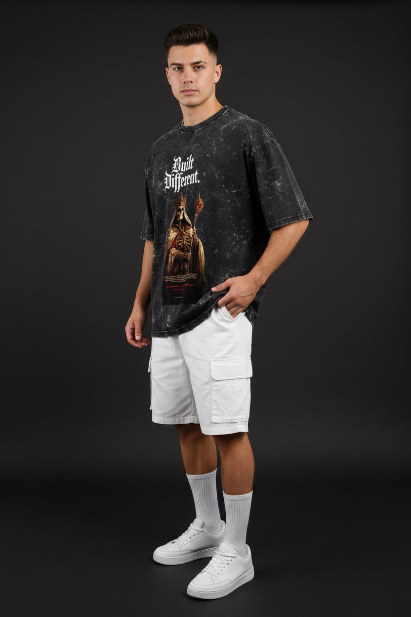 ZotRage black acid-washed heavyweight cotton oversized t-shirt featuring a skeleton king graphic and gothic text.