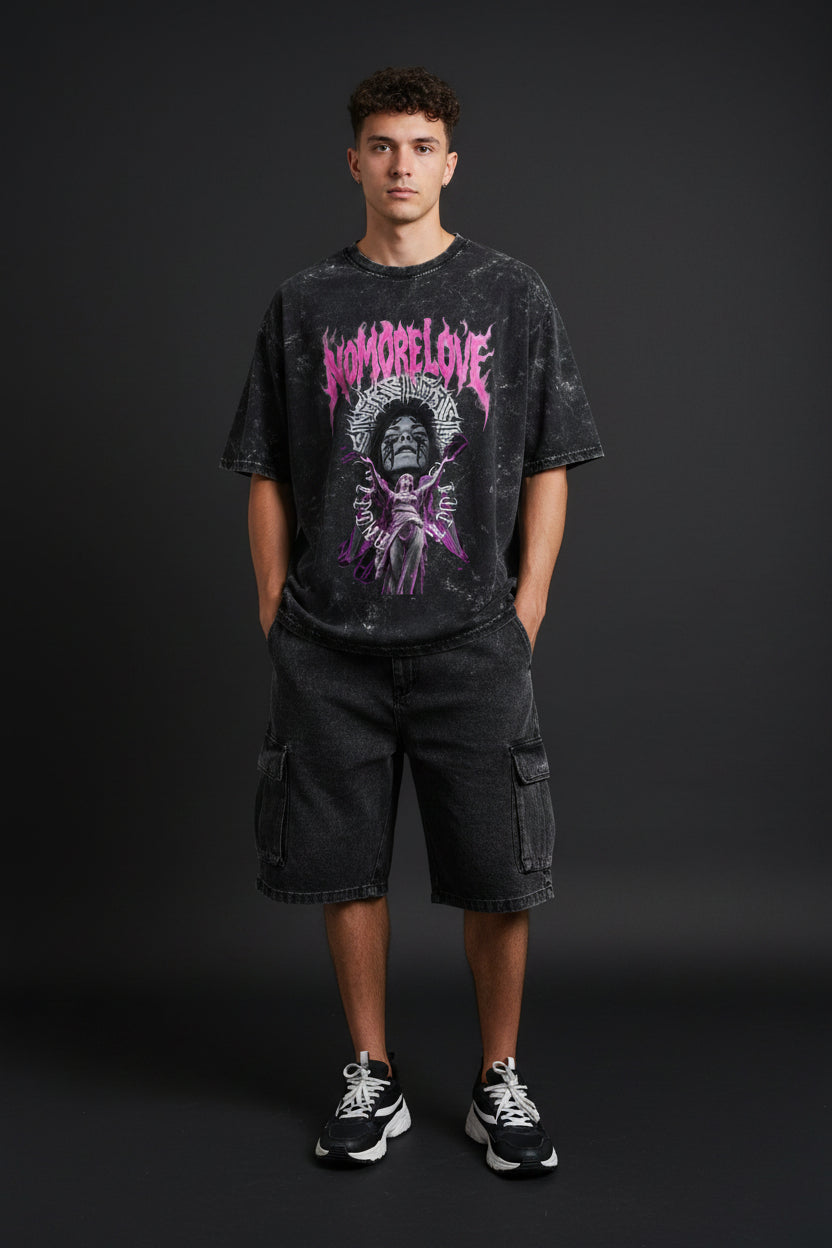 ZotRage black acid-washed oversized cotton t-shirt featuring a pink graphic print of a statue and gothic text.