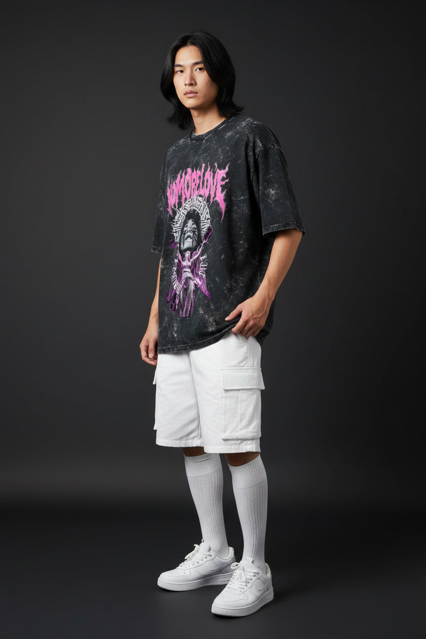 ZotRage black acid-washed oversized cotton t-shirt with pink and white graphic print of a statue and text