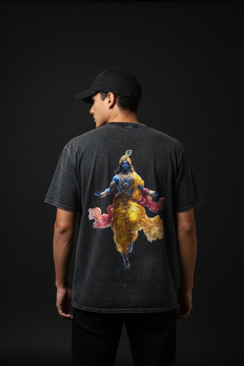 ZotRage black acidwash oversized t-shirt featuring a vibrant graphic print of Lord Krishna on the back