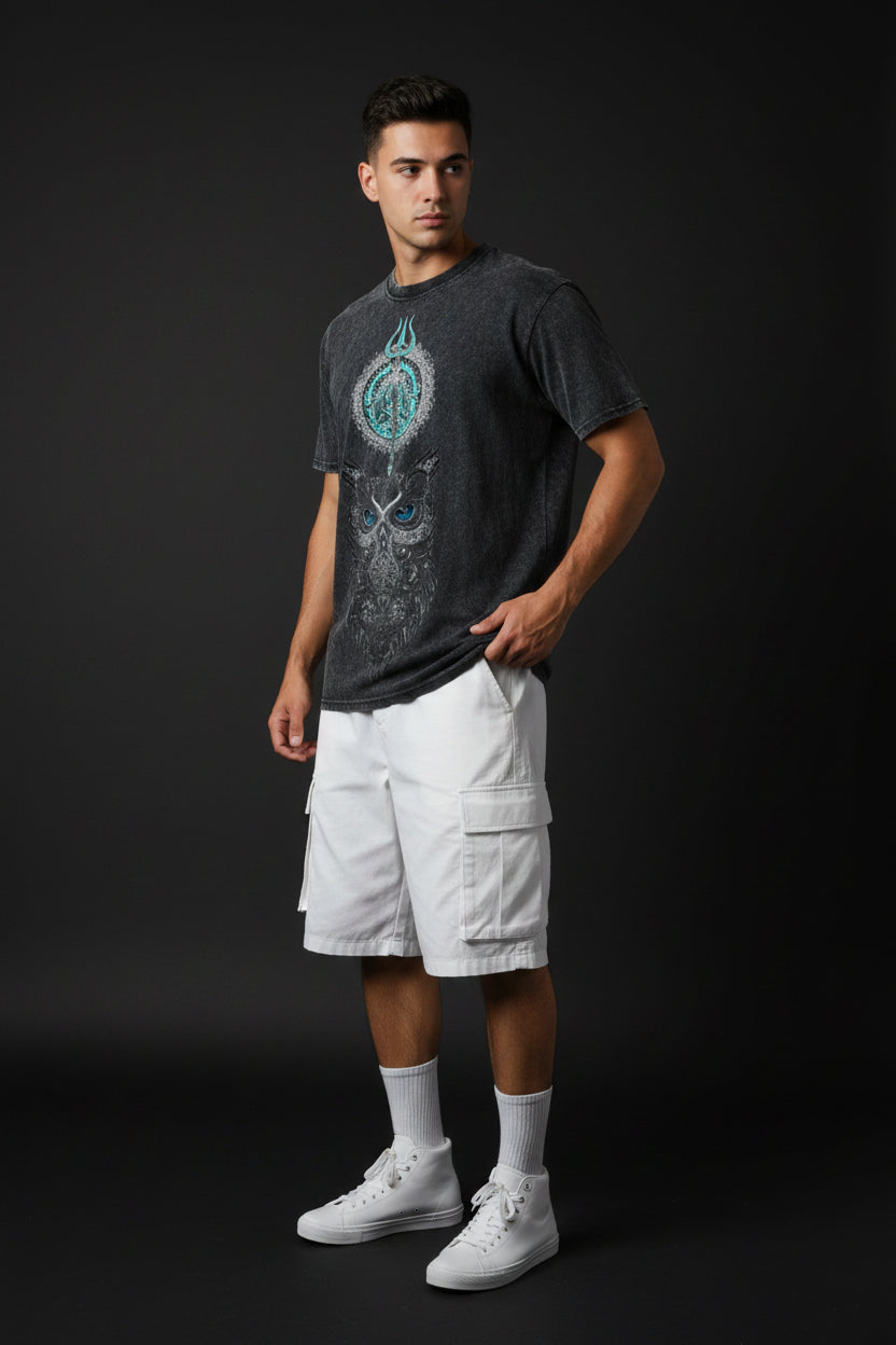 ZotRage black acidwash oversized t-shirt featuring a detailed owl and trident graphic with blue accents.
