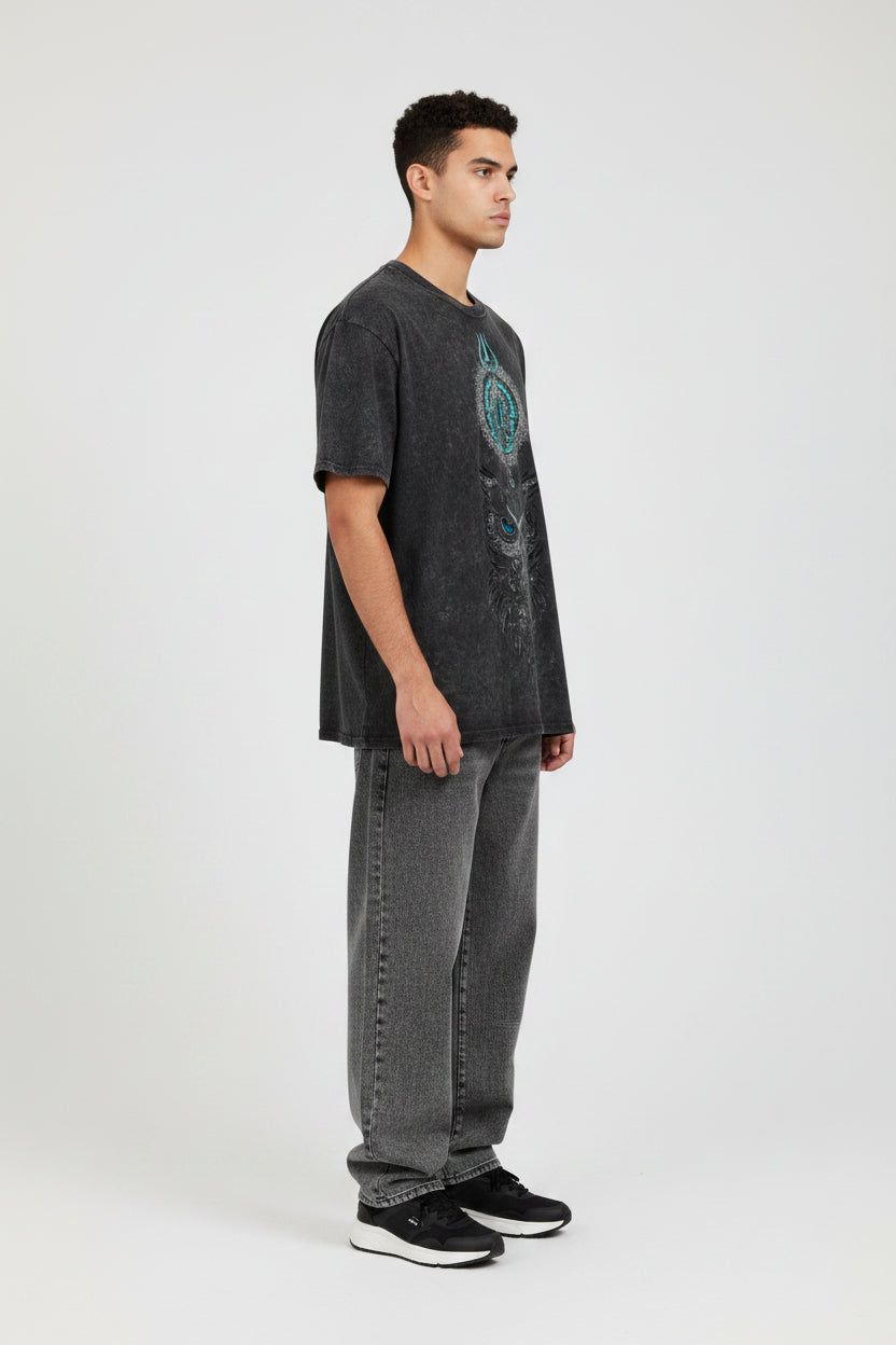 ZotRage black acidwash oversized t-shirt featuring a detailed owl and trident graphic with blue accents.