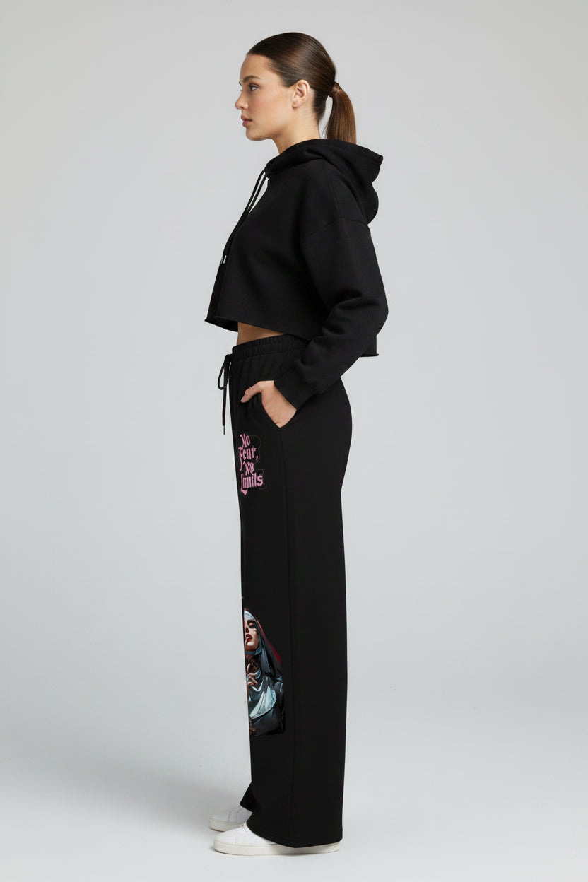 ZotRage black cotton joggers featuring a graphic of a smoking nun with skulls and No Fear No Limit text