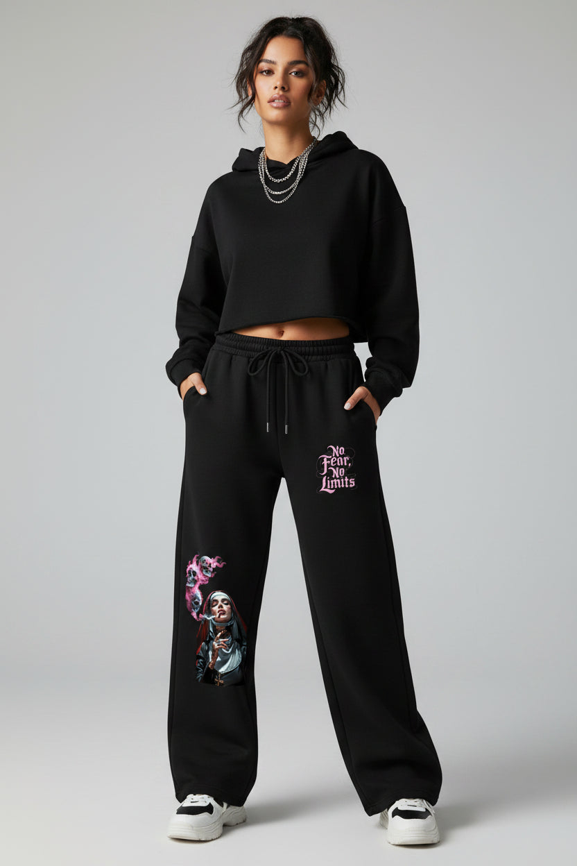 ZotRage black cotton joggers featuring a graphic of a smoking nun with skulls and No Fear No Limit text