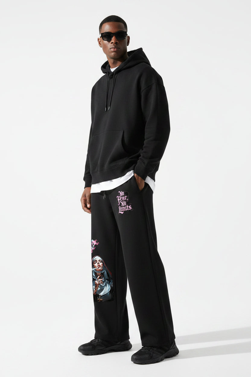 ZotRage black cotton joggers featuring a graphic of a smoking nun with skulls and No Fear No Limit text
