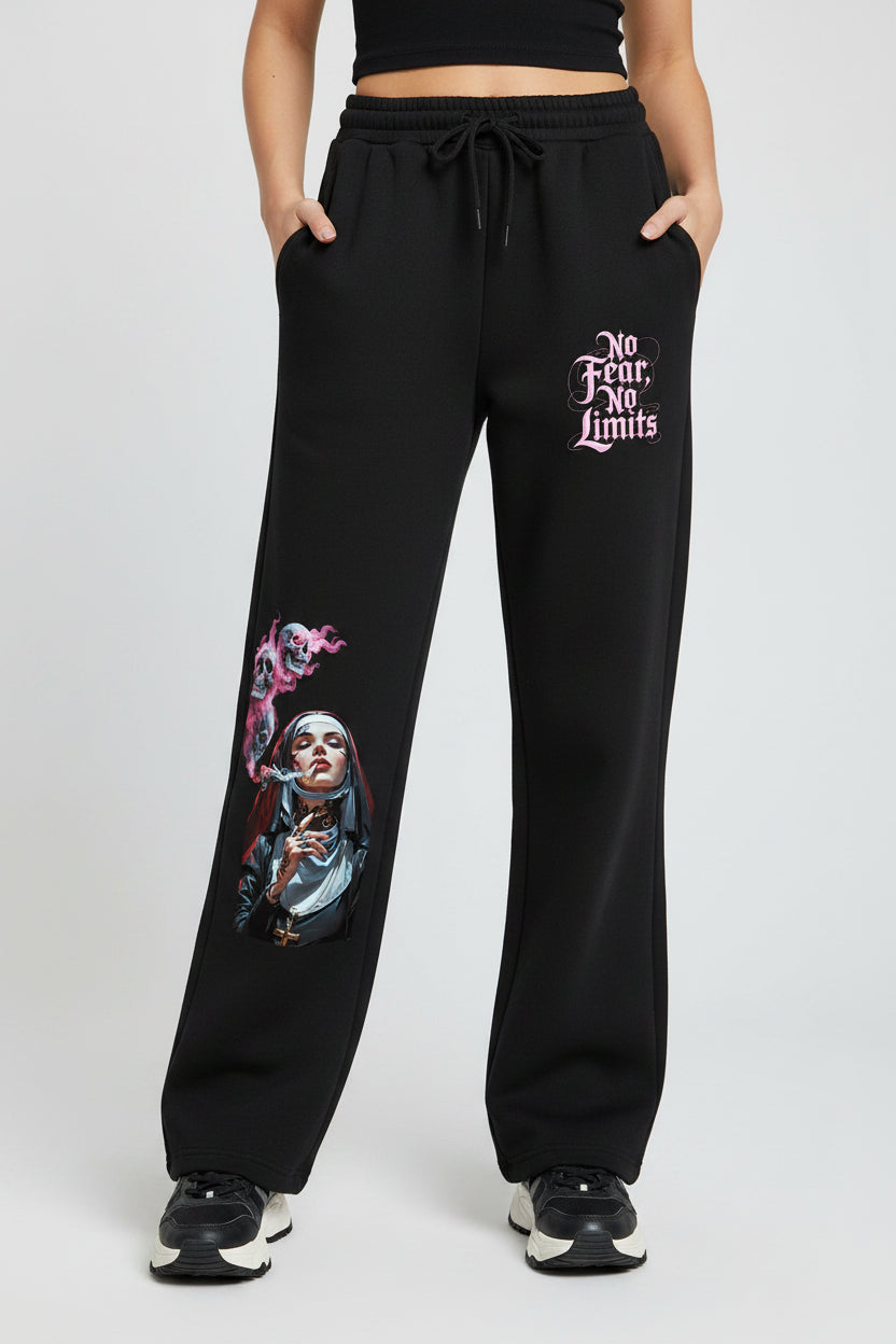 ZotRage black cotton joggers featuring a graphic of a smoking nun with skulls and No Fear No Limit text