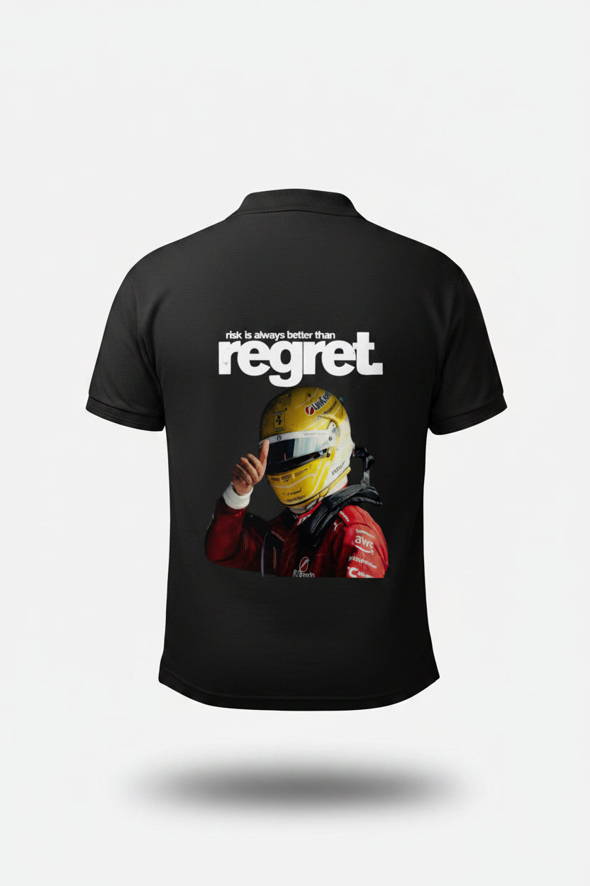 ZotRage black cotton polo shirt featuring a racing driver graphic and the text risk is always better than regret